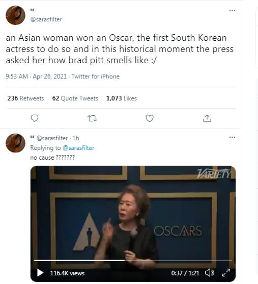 Bị hỏi vô duyên về 'mùi của Brad Pitt' trên thảm đỏ Oscar, nữ diễn viên gạo cội Hàn Quốc có màn đáp lại cực 'gắt' khiến cư dân mạng hả hê 7