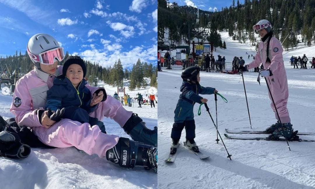 Con trai Phạm Hương đáng yêu trong chuyến đi trượt tuyết ở Mỹ, nhóc tỳ chơi khá điêu luyện