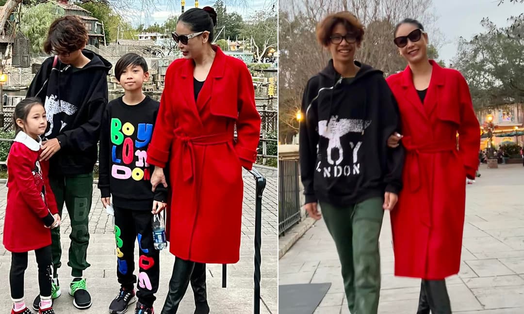 Hoa hậu Hà Kiều Anh dẫn 3 con đi chơi ở Mỹ, cậu cả gây chú ý vì lớn phổng phao, chiều cao vượt cả mẹ 