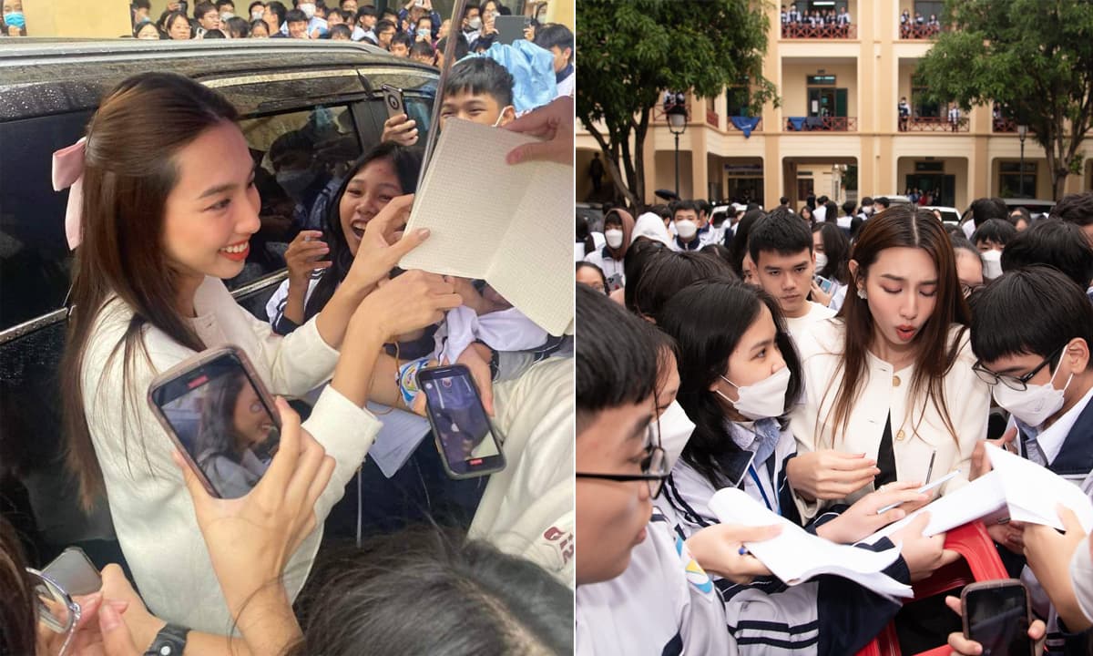 Hoa hậu Thùy Tiên lộ ảnh chưa qua chỉnh sửa khi về Nghệ An, được học sinh vây kín để xin chữ ký 