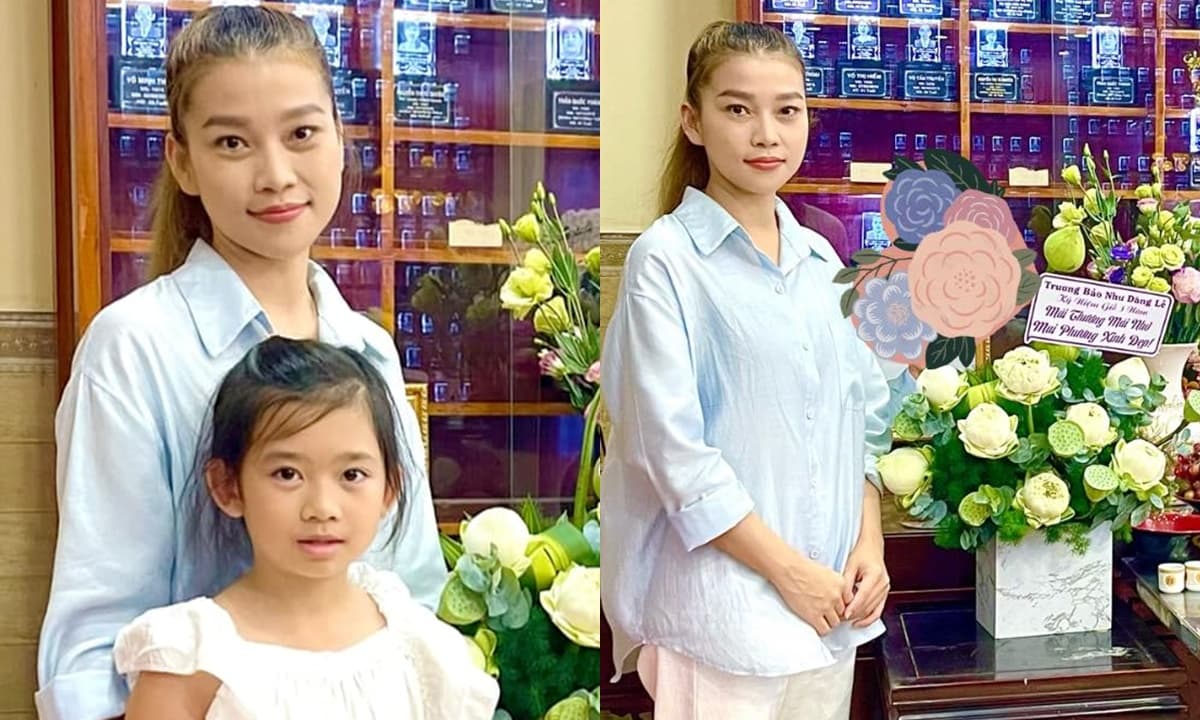 Trương Bảo Như cùng bé Lavie đến chùa cúng giỗ năm 3 cho cố nghệ sĩ Mai Phương