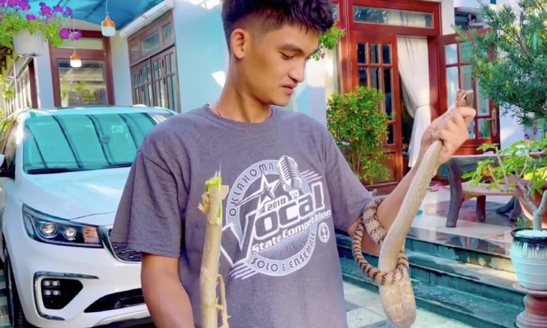 Mạc Văn Khoa tay không bắt rắn dài hơn 1,5 mét trong vườn rau gia đình Mạc Văn Khoa tay không bắt rắn dài hơn 1,5 mét trong vườn rau gia đình