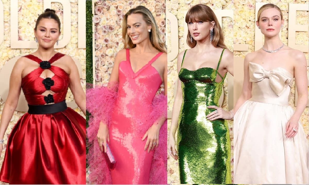 View - Thảm đỏ Quả cầu vàng 2024: Taylor Swift gợi cảm với váy hai dây, Selena Gomez 'o ép' vòng một chật ních