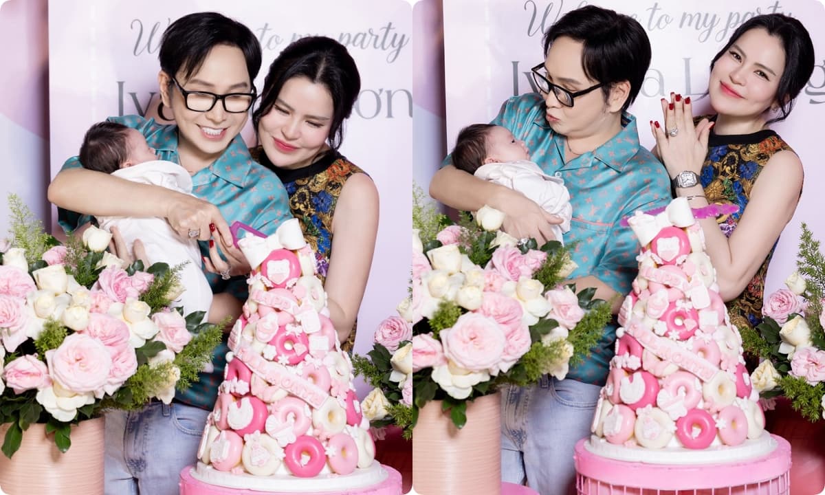 Con trai nuôi đình đám của Vũ Linh và vợ Hoa hậu mừng đầy tháng con gái cưng