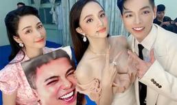 Erik được Hòa Minzy vác hẳn ảnh chân dung lên chụp hình cho đủ mặt gia đình 'Hoa dâm bụt'