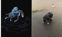 Hình ảnh người chồng quỳ gối bất lực khi vợ con bị nước lũ cuốn trôi được phác họa lại khiến dân mạng ngậm ngùi