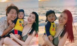 Khoe ảnh đi biển cùng quý tử lúc 8 tháng tuổi và ông xã đại gia, Hòa Minzy để lộ vòng một căng tròn