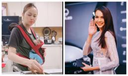 Diễm Châu vừa địu con mới 2 tháng vừa nấu ăn dù dư sức mướn người giúp việc, lí do khiến ai cũng nể