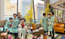 Cường Đô La khoe ảnh cùng Đàm Thu Trang và các con diện áo dài mùng 1 Tết, Suchin 'mắc cỡ' che mặt