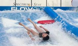 Á hậu Phương Nga ngã dúi dụi khi thử sức với bộ môn cưỡi sóng lướt ván