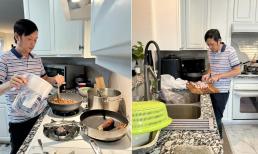 Sang Mỹ, danh hài Hoài Linh ăn mặc giản dị, trổ tài nấu món Việt Nam cho con trai ăn