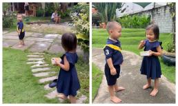 Lisa đuổi theo Leon để cho kẹo, biểu cảm hờ hững của nhóc ú nhà Hà Hồ gây cười