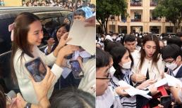 Hoa hậu Thùy Tiên lộ ảnh chưa qua chỉnh sửa khi về Nghệ An, được học sinh vây kín để xin chữ ký 