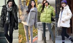Năm nay thịnh hành một cách mặc gọi là 'thân trên áo khoác phao rộng, thân dưới quần liền' vừa đẹp lại ấm áp