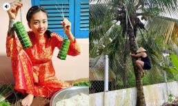 Về quê ăn Tết, Ngô Thanh Vân hóa cô Thắm cùng trang phục 'sến rện', Huy Trần gây cười với cảnh leo cây dừa và học gói bánh tét 