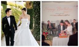 Đỗ Mỹ Linh cầm tay chồng cắt bánh kem cực tình, lộ luôn ảnh cưới chưa từng công bố