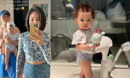 Salim hiếm hoi mặc đồ bơi sau sinh, phong cách chuẩn gái có chồng, bé Pam siêu đáng yêu