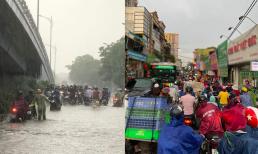 Hà Nội ngập sâu sau cơn mưa lớn, đường phố tắc cứng, phải nhích từng chút một 