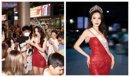 Ngọc Hằng đội tiara quốc tế trở về nước, nhan sắc rực rỡ, khoe đôi chân thẳng tắp tại sân bay
