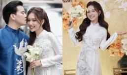 Ngọc Anh 'Phố trong làng' mặc áo dài họa tiết công trong lễ ăn hỏi, dung mạo chú rể lần đầu được hé lộ