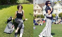 Lưu Hiểu Khánh U70 chụp ảnh selfie trên bãi cỏ, diện áo dây, quần sọc trông như 'thiếu nữ xinh đẹp', dân tình si mê