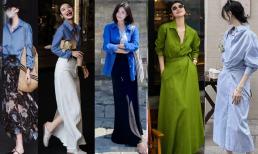 Đầu mùa hè, “áo sơ mi + váy dài” được ưa chuộng. Mặc theo cách này thì tinh tế, thời trang và hiện đại