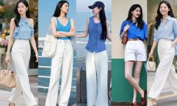 'Áo xanh + quần trắng' lại thịnh hành vào mùa hè năm nay. Phụ nữ trung niên trên 40 mặc như thế này, vừa thời trang vừa trẻ trung 