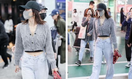 Chơi trội hơn cả đàn em, 'Phú Sát Hoàng hậu' Tần Lam tự tin khoe rốn ở sân bay