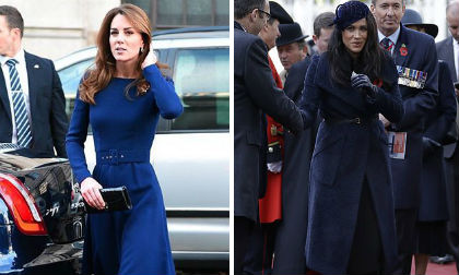 Cùng chọn màu xanh navy, Công nương Kate thanh lịch bao nhiêu thì cô em dâu Meghan lại nặng nề bấy nhiêu 