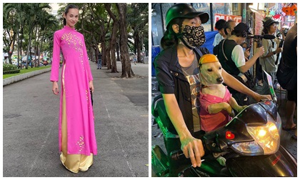 'Tình cũ G-Dragon' Kiko khoe ảnh mặc áo dài hồng tại TP.HCM, thích thú với chú chó đội mũ bảo hiểm siêu cute