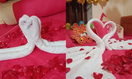 'Tác phẩm' hài hước trên giường cưới của đôi tân hôn khiến dân tình nhìn 'mỏi mắt' cũng không rõ hình gì