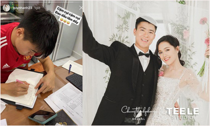 Quỳnh Anh đăng ảnh Duy Mạnh cặm cụi viết danh sách khách mời dự đám cưới