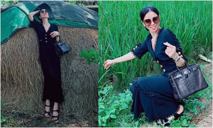 Lệ Quyên tạo dáng 'độc' với túi hiệu 1,8 tỷ bên đống rơm, ruộng lúa