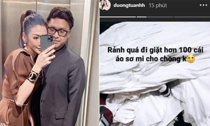 Rảnh quá, Á hậu Tú Anh mang hơn 100 chiếc áo sơ mi hàng hiệu của chồng đi giặt