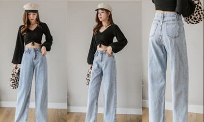 Một kiểu quần tây phù hợp cho mùa thu là quần jean cạp cao, mỏng kết hợp với áo phông đa dạng để giảm tuổi