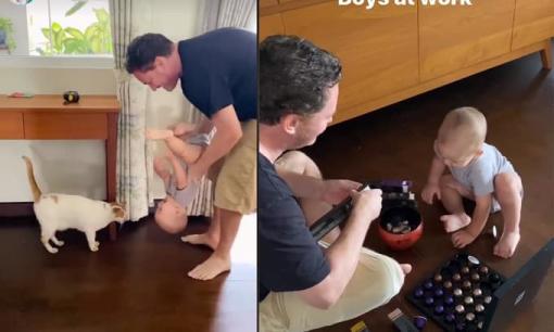 Chồng cũ diva Hồng Nhung dốc ngược con trai 1 tuổi khi chơi đùa với mèo cưng