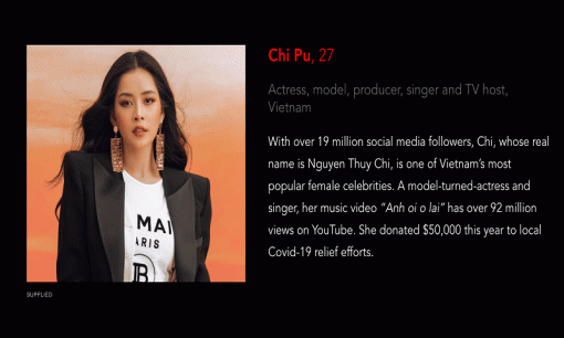 Forbes vinh danh Chi Pu trong top 100 ngôi sao Châu Á Thái Bình Dương có sức ảnh hưởng lớn nhất trên mạng xã hội cùng Black Pink, BTS... 