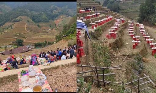 Mâm cỗ được bày trên những dãy ruộng bậc thang, giữa bốn bề đất trời khiến dân mạng 'chỉ biết ước'