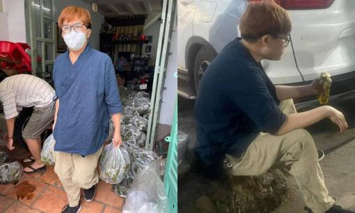 MC Đại Nghĩa tranh thủ ngồi ăn bánh giò giữa đêm khuya, sau khi phát hàng chục tấn rau củ