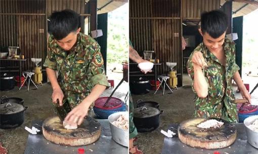 'Anh nuôi' bộ đội thái thịt đều tăm tắp, trổ tài rắc muối không kém gì đầu bếp khiến ai cũng trầm trồ