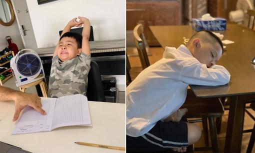 Muôn kiểu ngồi học online của nhóc tỳ nhà sao Việt: Con Huỳnh Đông ngáp lên ngáp xuống, con BTV Quang Minh ngủ trong lúc học