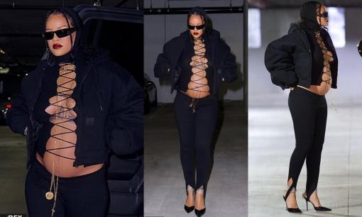 Rihanna gây tranh cãi khi mặc áo phong cách 'bánh tét' khoe bụng bầu vượt mặt
