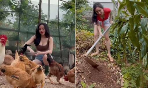 Bà Tưng diện áo xẻ táo bạo khi về quê cuốc đất, cho gà ăn, dân tình 'nín thở' vì lo lộ hàng