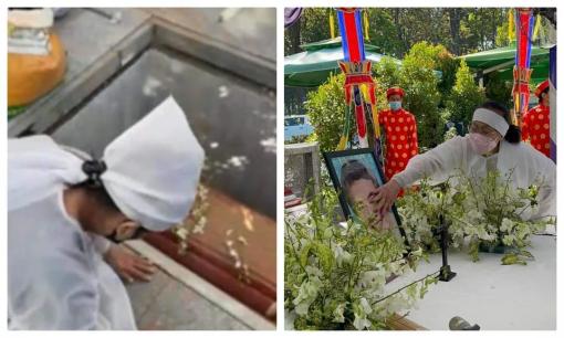 Vợ nghệ sĩ Thanh Tú nghẹn ngào quỳ bên mộ, vuốt di ảnh chồng lần cuối