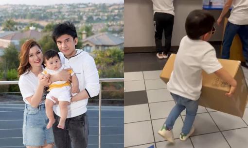 Không có Đan Trường bên cạnh, Thủy Tiên vẫn có thể nhờ con trai cưng mang vác đồ nặng, rất ra dáng 'trụ cột' gia đình