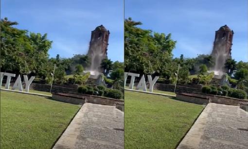 Tháp chuông lịch sử ở Philippines đổ sập khiến nhiều du khách bỏ chạy tán loạn