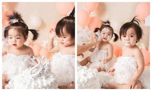 Vân Trang tung bộ ảnh tròn 1 tuổi của cặp song sinh: Diện đầm công chúa, mặt tèm lem bánh kem vẫn siêu cưng