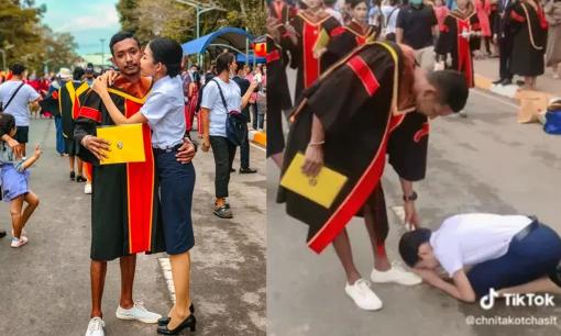 Lý do đặc biệt em gái quỳ cúi đầu trước anh trai trong buổi lễ tốt nghiệp khiến bao người xúc động