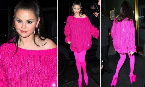 Selena Gomez diện đồ hồng cánh sen sến súa, lộ bụng to lùm lùm