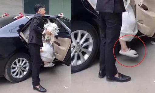 Cô dâu mặc váy cưới, đi dép cá sấu gây tranh cãi